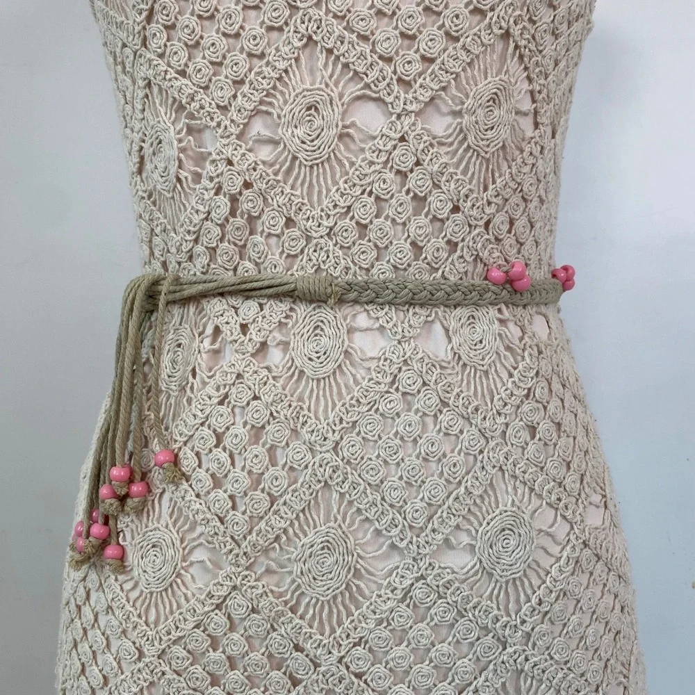 VTG Braided Rope Belt Size S/M Boho Hippie Gypsy Festival Skinny Pink Beads Fair